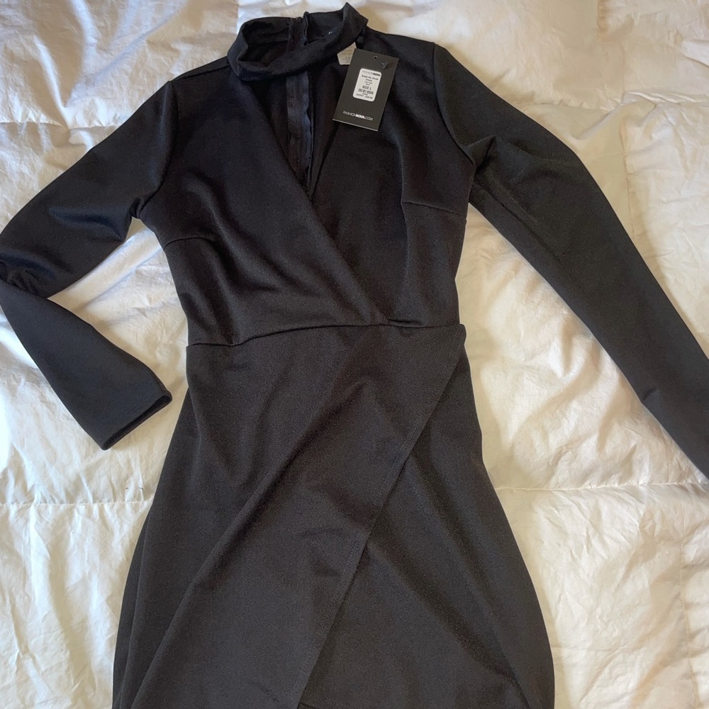 Black Choker Long Sleeve Mini Dress